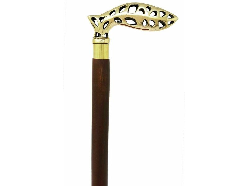 Vintage Brass Leaf Design Handle Wooden Walking Cane – Elegant Decorative Walking Stick for Men & Women – Handmade Brass Handle with Polished Hardwood Shaft – 37 Inch Collectible Gift Cane
