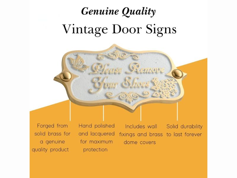 Please Remove Your Shoes Brass Door Sign – Vintage Shabby Chic Wall Plaque – Handmade Solid Brass Home Décor by The Metal Foundry