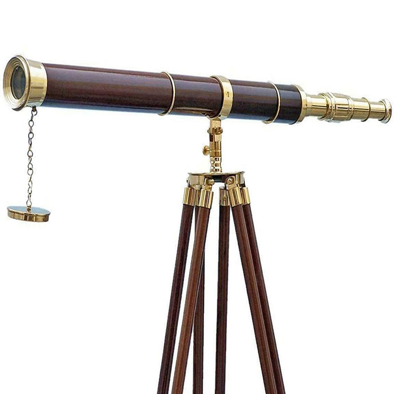Antique Nautical Navy Single Barrel Standing Brass Telescope with Wood Tripod Marine Telescope, Nautical Home Decor Fully Functional Decorative Maritime Telescopes with Wooden Tripod Stand
