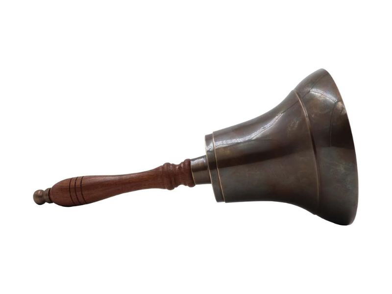 Large & Heavy Solid Brass Hand Bell  Antique Finish Loud Call Bell for School, Wedding, Reception, Christmas & Church – Handmade Polished Brass Bell with Wooden Handle by Roorkee Instruments India
