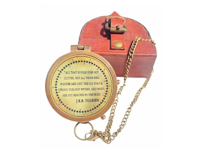 Antique Brass Compass with Wooden Box – “Not All Those Who Wander Are Lost” Engraved by J.R.R. Tolkien | Vintage Nautical Pocket Compass with Chain | Inspirational Gift for Men, Women, Travelers