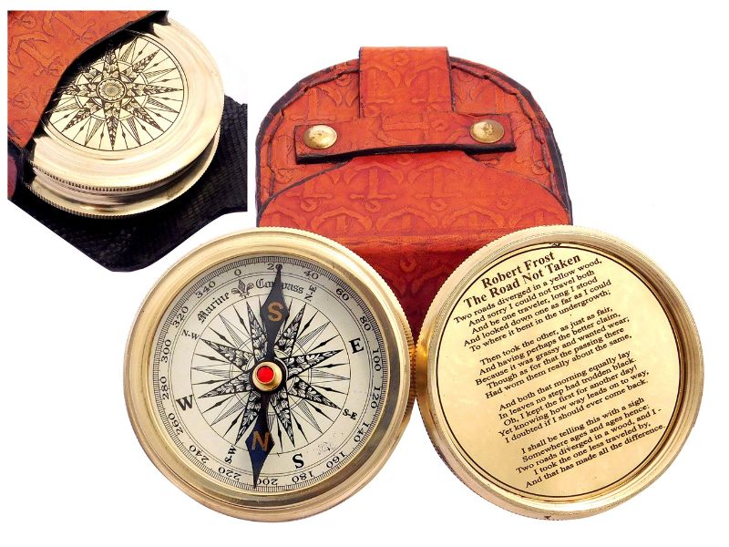 Handmade Brass Compass Engraved with Robert Frost Poem “The Road Not Taken” | Vintage Marine Compass with Leather Case | Inspirational Gift for Graduation, Son, Husband, Father