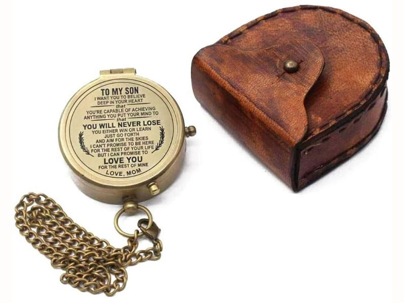 To My Son Compass Gift from Mom – Engraved Inspirational Message “You Will Never Lose” – Solid Brass Compass with Chain & Leather Case – Graduation, Birthday, Christmas, Love Keepsake