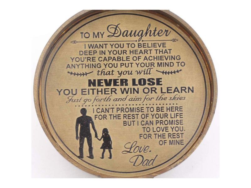 To My Daughter Compass from Dad with Leather Case – Solid Brass Engraved Compass “Never Lose, You Either Win or Learn” – Inspirational Quote Gift for Graduation, Birthday, Christmas, Keepsake from Father
