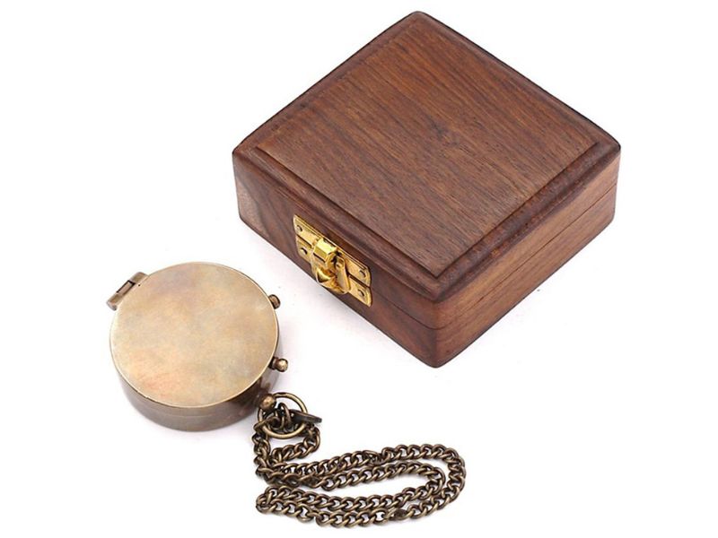 Solid Brass Vintage Compass with Chain and Wooden Box – Antique Maritime Directional Pocket Compass for Navigation, Hiking, Camping, Graduation or Travel Gift – Handmade Collectible by Roorkee Instruments India