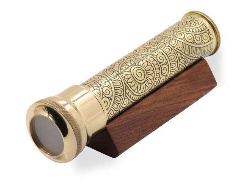 Handmade Etched Brass Kaleidoscope Lampwork Glass Beads Dry Object Chamber with Unique Wooden Display Stand Collectible Gift