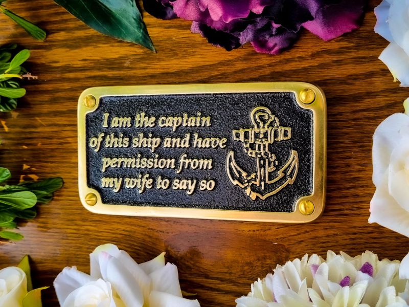 Nautical Brass Gift Plaque – “Wife’s Permission” Boating & Sailing Sign | Funny Maritime Wall Décor for Boat Cabin, Man Cave, Bar, or Office | Perfect Nautical Birthday Gift for Him, Sailor, or Captain