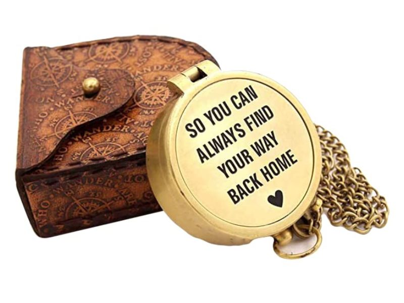 So You Can Always Find Your Way Back Home – Solid Brass Engraved Compass with Leather Case | Vintage Pocket Compass Gift for Boyfriend, Husband, Traveler, Anniversary, Graduation