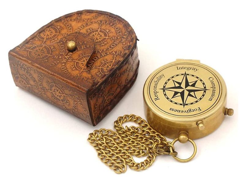 Engraved Brass Compass with Leather Case & Chain – Inspirational Quote “Integrity • Compassion • Responsibility • Forgiveness” – Vintage Nautical Gift for Graduation, Men, Son, Husband, Traveler