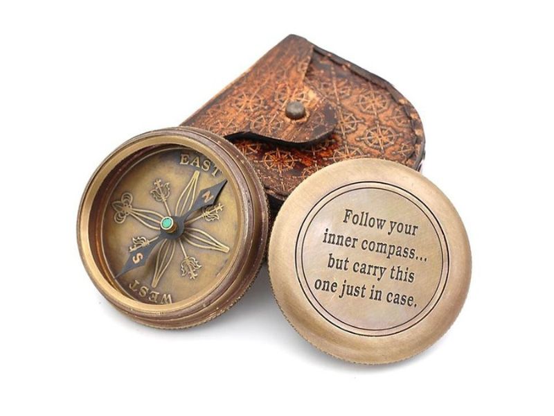 Follow Your Inner Compass – Solid Brass Directional Pocket Compass with Leather Carry Case Embossed with Compass Rose | Free Custom Engraving | Inspirational Travel Gift for Men & Women