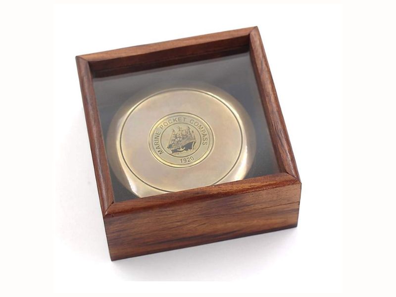 Handmade Brass Compass with “The Road Not Taken” by Robert Frost Engraved – Vintage Adventure Compass with Glass-Top Wooden Box – Inspirational Graduation Gift for Son, Daughter, Traveler