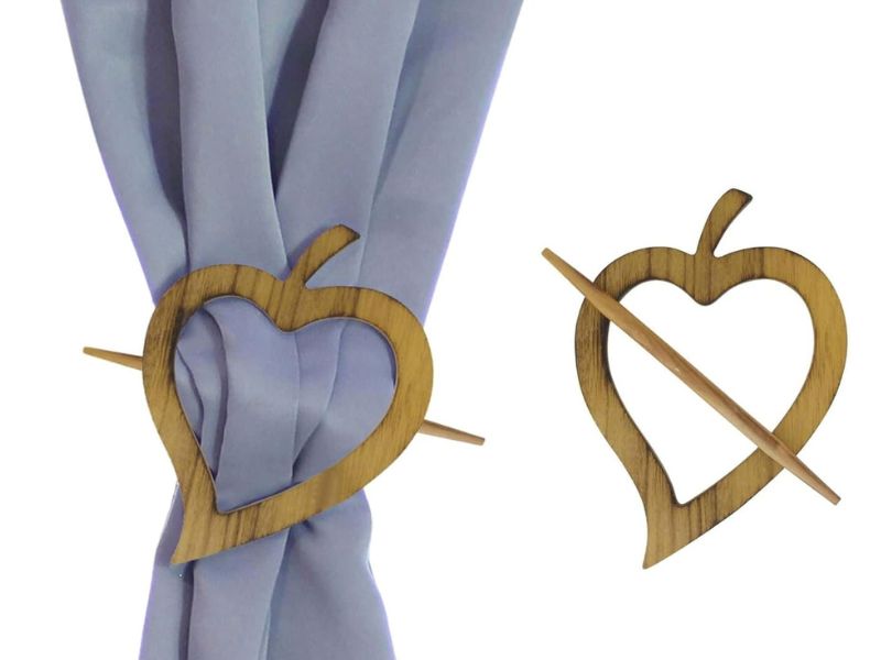 Handcrafted Wooden Heart Curtain Tieback Holders with Stick (Set of 2) | Rustic Natural Wood Drape Clips for Home, Living Room & Bedroom Décor | Decorative Curtain Accessories