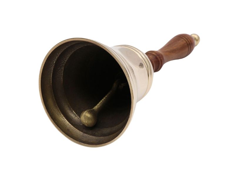 Large & Heavy Loud Gold Hand Bell for Weddings, Christmas & School – Solid Polished Brass Hand Call Bell with Wooden Handle – Vintage Service, Reception & Ceremony Bell – Handmade Brass Décor