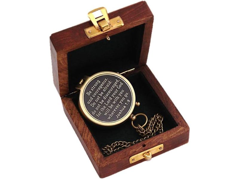 Be Strong and Courageous, Joshua 1:9 – Solid Brass Directional Engraved Compass with Leather Case | Christian Catholic Gift for Boys, Girls, Men | Baptism, First Communion & Confirmation Present