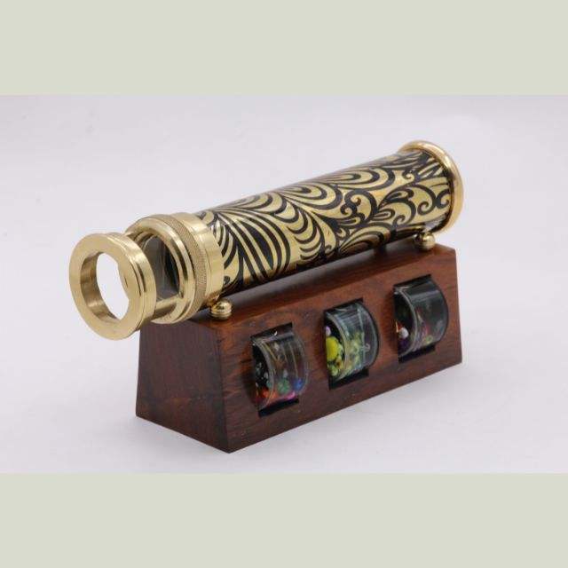 Unique Wedding Gift Handmade Brass Kaleidoscope with 3 Interchangeable Object Chambers and Wooden Display Stand Collectible