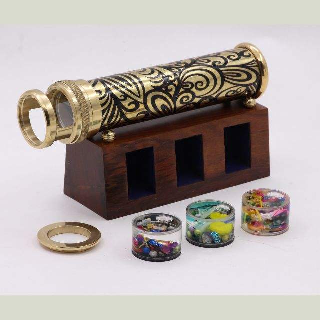 Unique Wedding Gift Handmade Brass Kaleidoscope with 3 Interchangeable Object Chambers and Wooden Display Stand Collectible