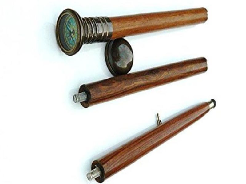 Vintage Brass Compass Walking Cane – Handmade Wooden Stick with Working Compass Handle – Antique Nautical Style Collectible Walking Stick for Men & Women – Decorative Gift for Explorer & Traveler