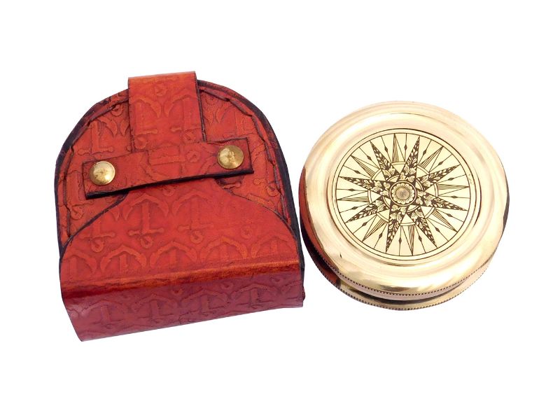 Handmade Brass Compass Engraved with Robert Frost Poem “The Road Not Taken” | Vintage Marine Compass with Leather Case | Inspirational Gift for Graduation, Son, Husband, Father