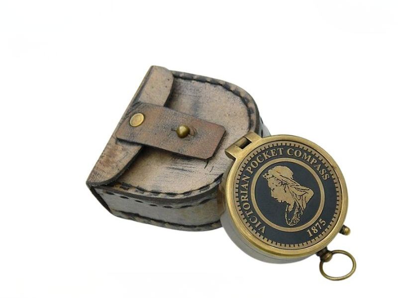 Vintage Victorian Brass Pocket Compass 1875 with Handmade Leather Case | Antique Maritime Navigation Compass | Collectible Gift for Men, Travelers & Home Office Decor