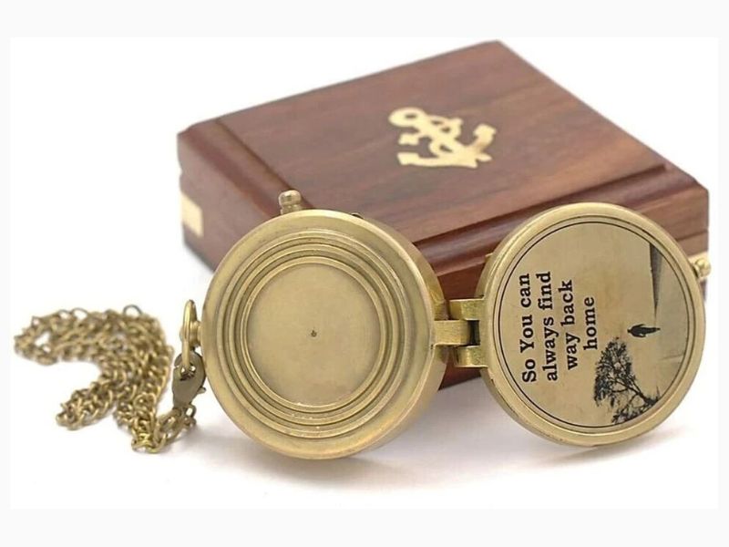 So You Can Always Find Your Way Back Home Brass Compass with Wooden Box – Vintage Nautical Gift for Husband, Boyfriend, Son, Graduation, Adventure Keepsake Compass