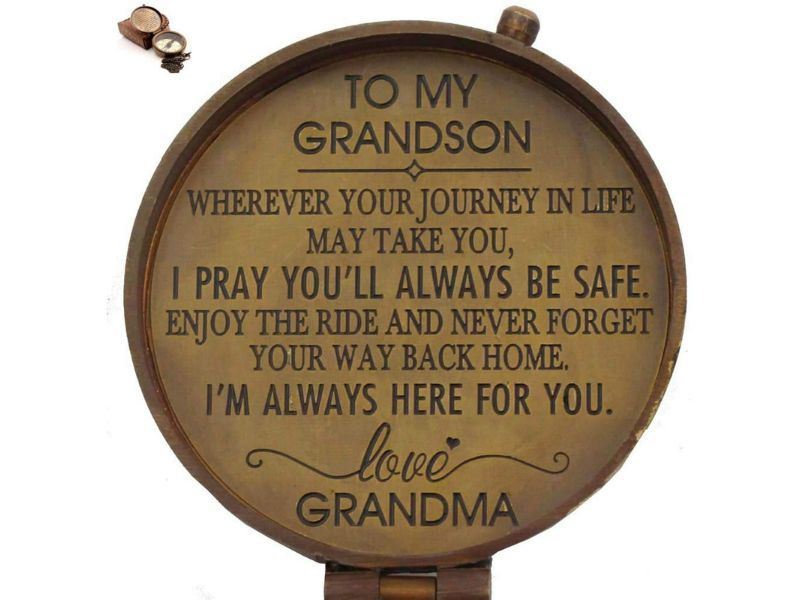 To My Grandson Compass – Solid Brass Engraved Compass with Chain & Leather Case | Inspirational Quote Gift from Grandma | Graduation, Birthday, Christmas Keepsake Gift