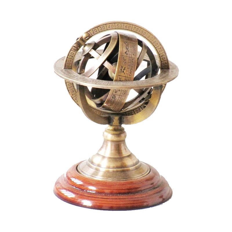 Brass Armillary Sphere Astrolabe On Wooden Base Maritime Nautical and Collectible
