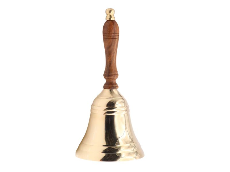 Large & Heavy Loud Gold Hand Bell for Weddings, Christmas & School – Solid Polished Brass Hand Call Bell with Wooden Handle – Vintage Service, Reception & Ceremony Bell – Handmade Brass Décor