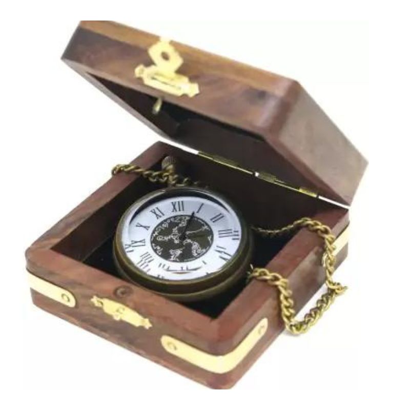 Handmade Antique Pocket Watch with Anchor Wooden Box