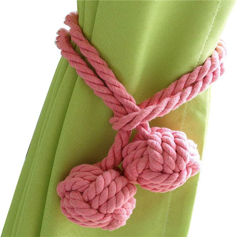 2pcs Cotton Rope Curtain Holdbacks Hand Knitting with Double Ball Braided Drapery Tiebacks - Pink