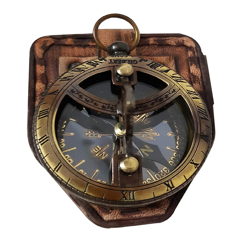 Brass Marine Sundial Compass with Handmade Brown Leather 2.5 Inches