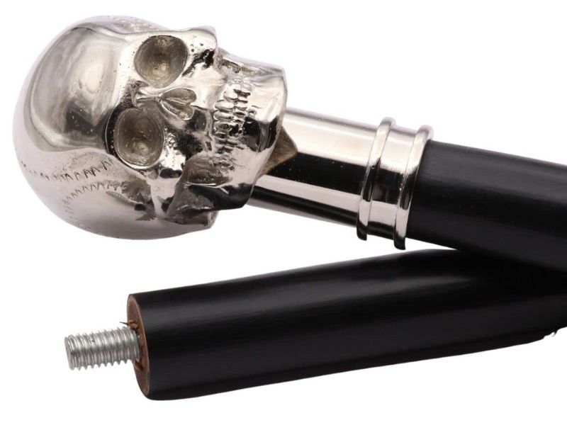 Brass Skull Walking Cane – Chrome Finish Skull Handle Walking Stick for Men – Steampunk Gothic Vintage Cane – Black Hardwood Shaft – Collectible Prop & Costume Accessory