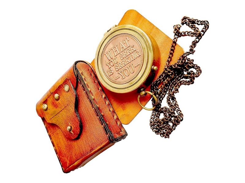 Rumi’s Brass Seek Compass with Leather Pouch & Gift Box – Inspirational Quote Compass for Graduation, Confirmation, Anniversary, Birthday, Valentine, New Year, Corporate Gifts, Adventure Keepsake