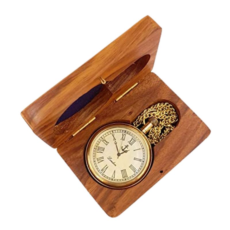 Handmade Anchor Shiny Brass Pocket Watch with Wooden Box