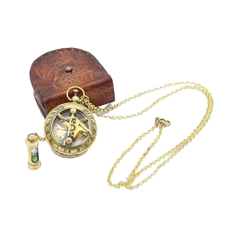 Antique Nautical Vintage Directional Magnetic Sundial Clock Necklace Marine Compass Baptism Gifts with Leather Case and Green Sand Mini Hour Glass