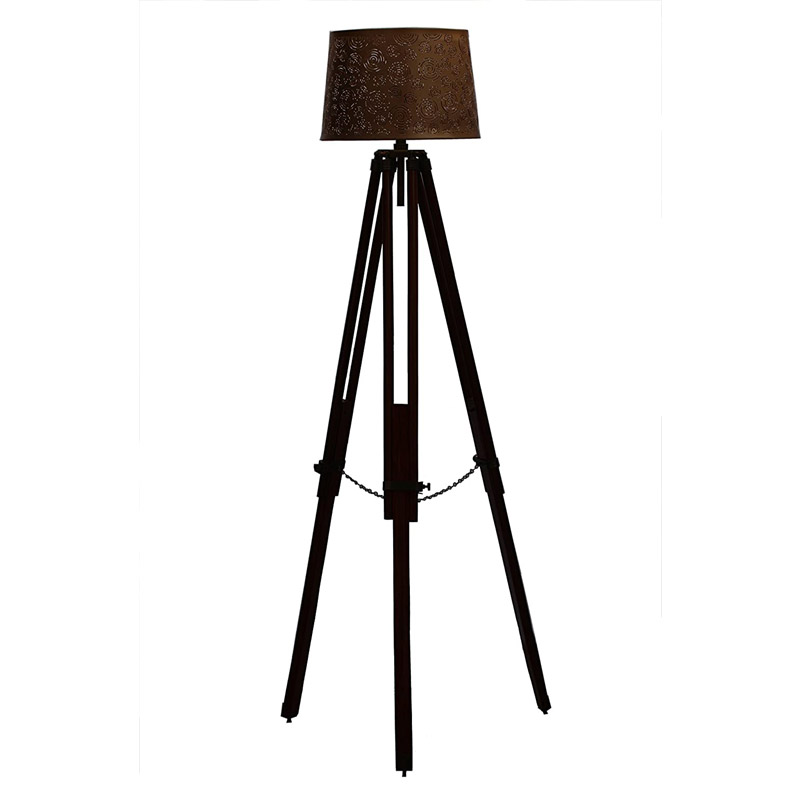 Classic Brass Round Shadow Wood Tripod Floor Home Decor Lamp with Shade and Bulb