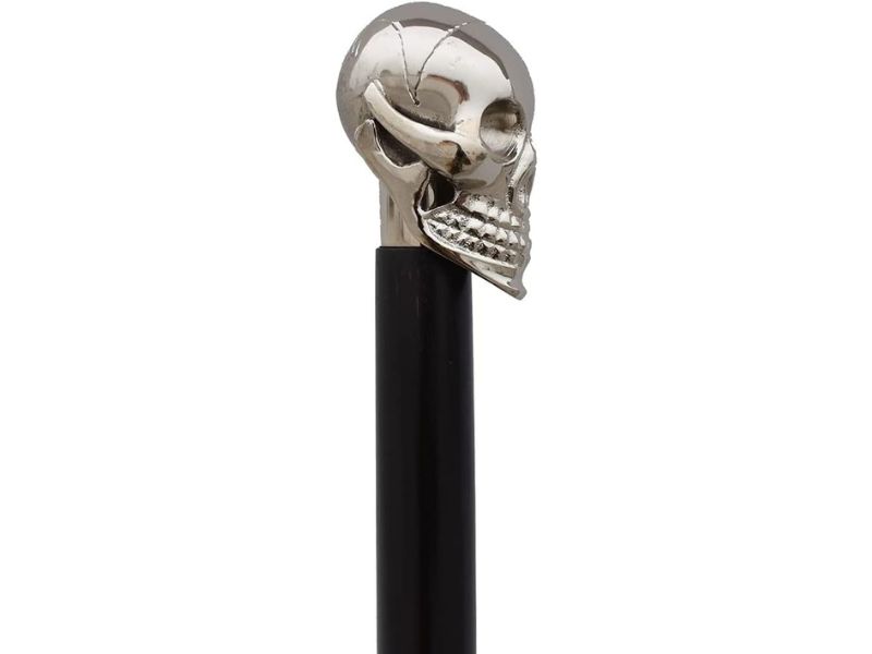 Brass Walking Stick Unique Knob Skull Head Walking Stick Cane Victorian Wooden Cane, Black and Silver, Skull Handle Vintage Style