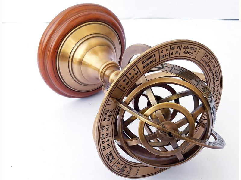 Antique Style Brass Armillary Sphere Astrolabe Globe on Wooden Base | Nautical Marine Celestial Globe (Brown, Medium) | Vintage Home Office Study Decoration & Gift Collectible