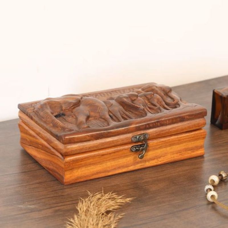 Elephant Jewelry Box, Wooden Jewelry Organizer Box with Two Compartments, Elephant Lovers Gifts for Women, Engrave Elephant Family Art Decor