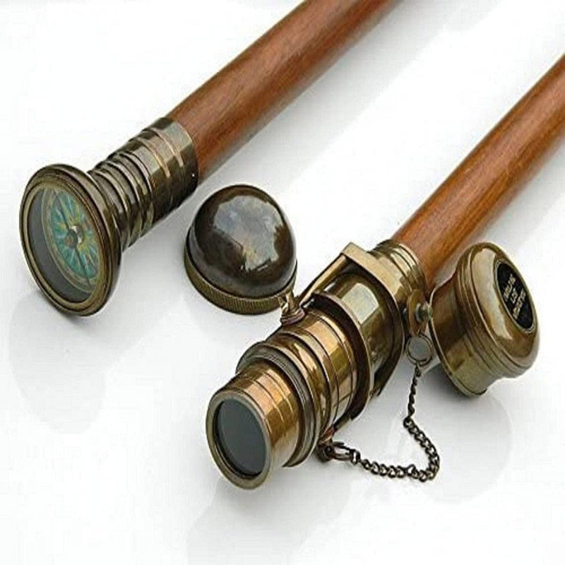 Set of Two Compass/Telescope Wood Walking Stick-Cane Brass Compass/Telescope Handle