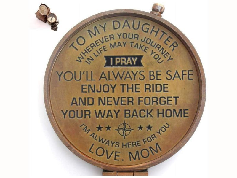 To My Daughter Compass – Engraved Brass Compass with Leather Case – Inspirational Gift from Mom – “Never Forget Your Way Back Home” Quote – Graduation, Birthday, Travel Keepsake