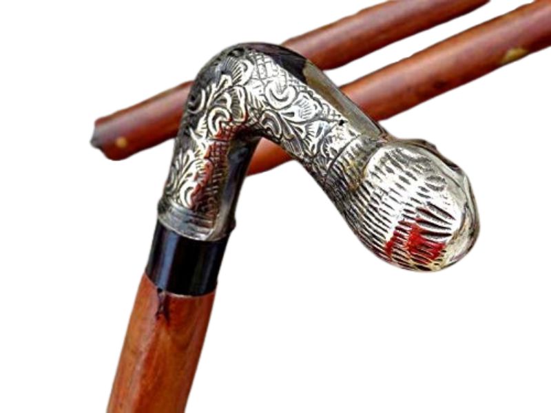Antique Brass Handle Wooden Walking Cane – Vintage Floral Engraved Silver Finish Handle Walking Stick – Foldable 37 Inch Wooden Cane for Men & Women – Collectible Victorian Style Gift
