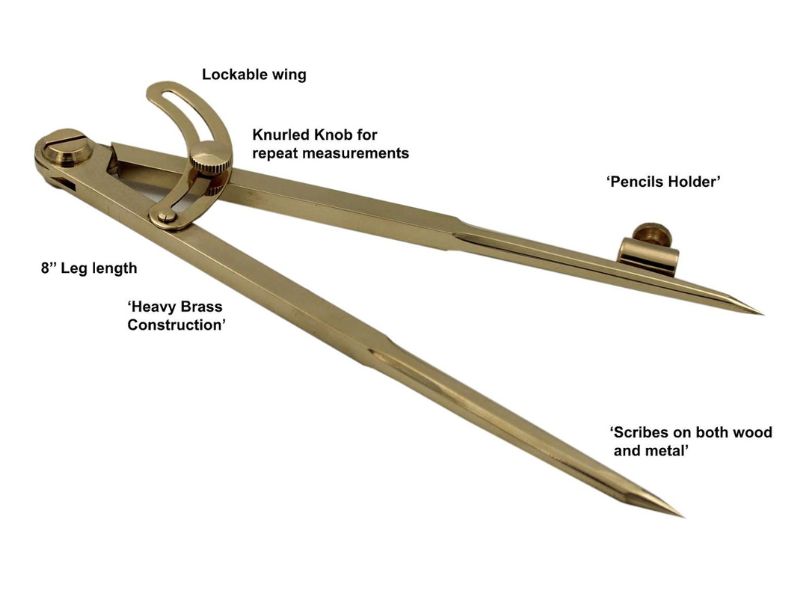 8-Inch Brass Pencil Marking Compass with Leather Cover – Heavy-Duty Scriber and Divider for Woodworking, Metalwork, Drafting & Map Plotting – Precision Wing Compass for Drawing Circles & Layout Marking