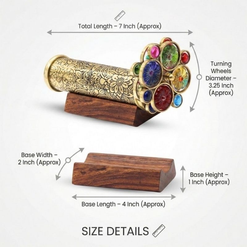 Handcrafted Etched Floral Pattern Lacquered Brass Kaleidoscope Includes Two Separate Turning Wheels-A Perfect Addition to any Collection. (7 x1.5 inch)