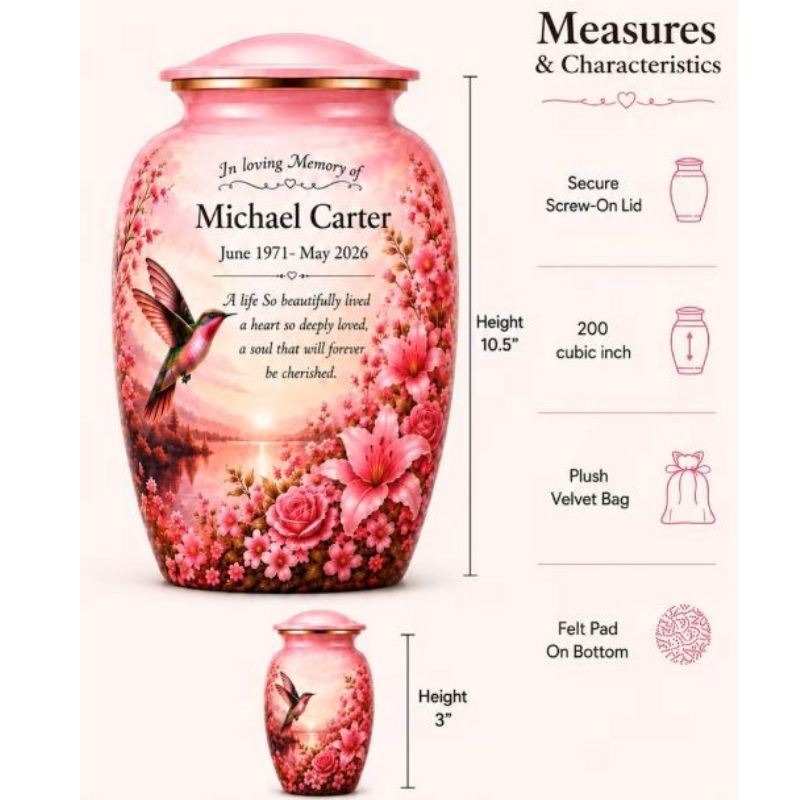 Pink Hummingbird Memorial Cremation Urn with Keepsake – Personalized Adult Urn for Ashes