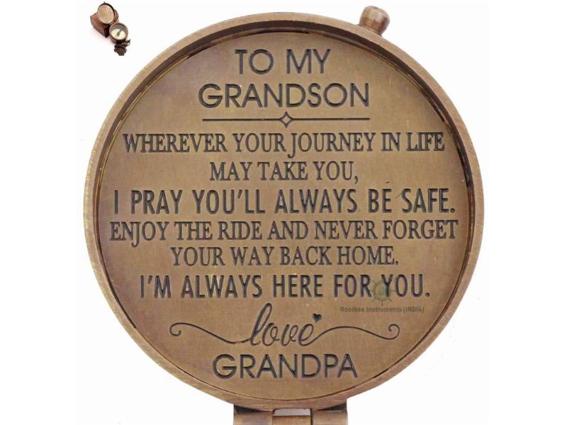 To My Grandson Compass Gift from Grandpa | Solid Brass Engraved Compass with Leather Case | Inspirational Quote “Wherever Your Journey in Life May Take You” | Graduation, Birthday, Christmas Gift