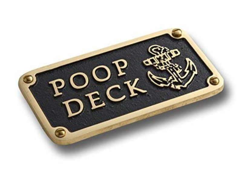 Poop Deck Brass Plaque | Nautical Bathroom Wall Décor Sign | Funny Beach Theme Home Decoration | Vintage Maritime Door or Wall Plate | Solid Brass Handmade Bathroom Gift for Coastal Homes