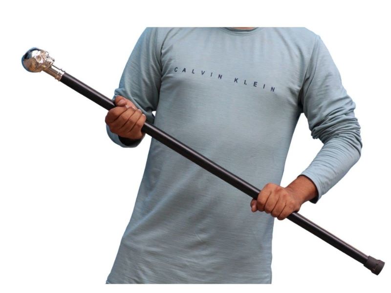 Brass Skull Walking Cane – Chrome Finish Skull Handle Walking Stick for Men – Steampunk Gothic Vintage Cane – Black Hardwood Shaft – Collectible Prop & Costume Accessory