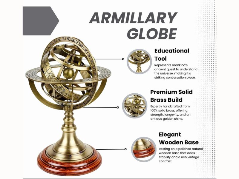 Antique Brass Armillary Sphere Globe 11 Inch | Premium Polished Finish, Wooden Base | Vintage Nautical Celestial Globe Decor | Tarnish Resistant Astronomical Model | Ideal Gift for Home Office Study