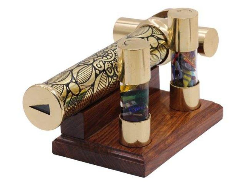 Handmade Brass Trio Kaleidoscope with 3 Interchangeable DIY Fillable Cells Unique Optical Art Toy with Wooden Display Stand