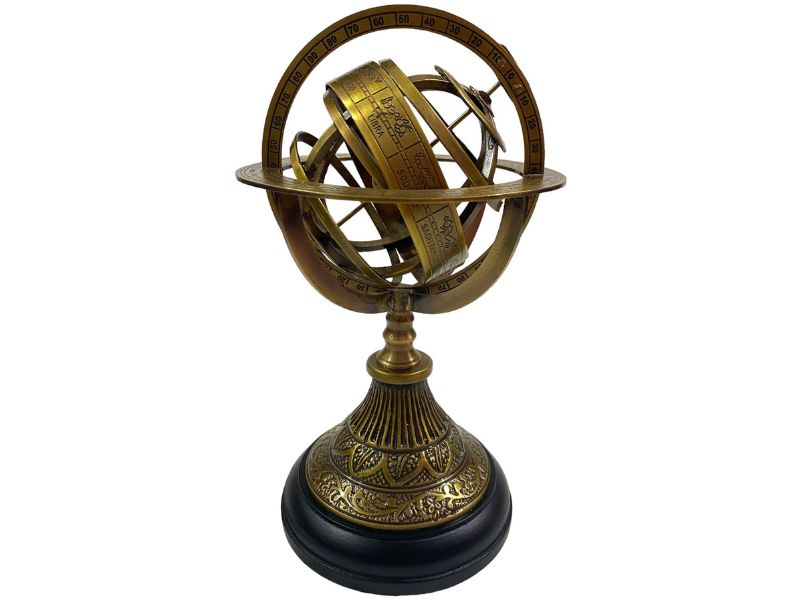 Antique Brass Armillary Sphere Globe with Zodiac Engravings | 8-Inch Celestial Globe Astrolabe | Vintage Nautical Decor with Rosewood Base | Handmade Collectible Gift for Home Office Desk